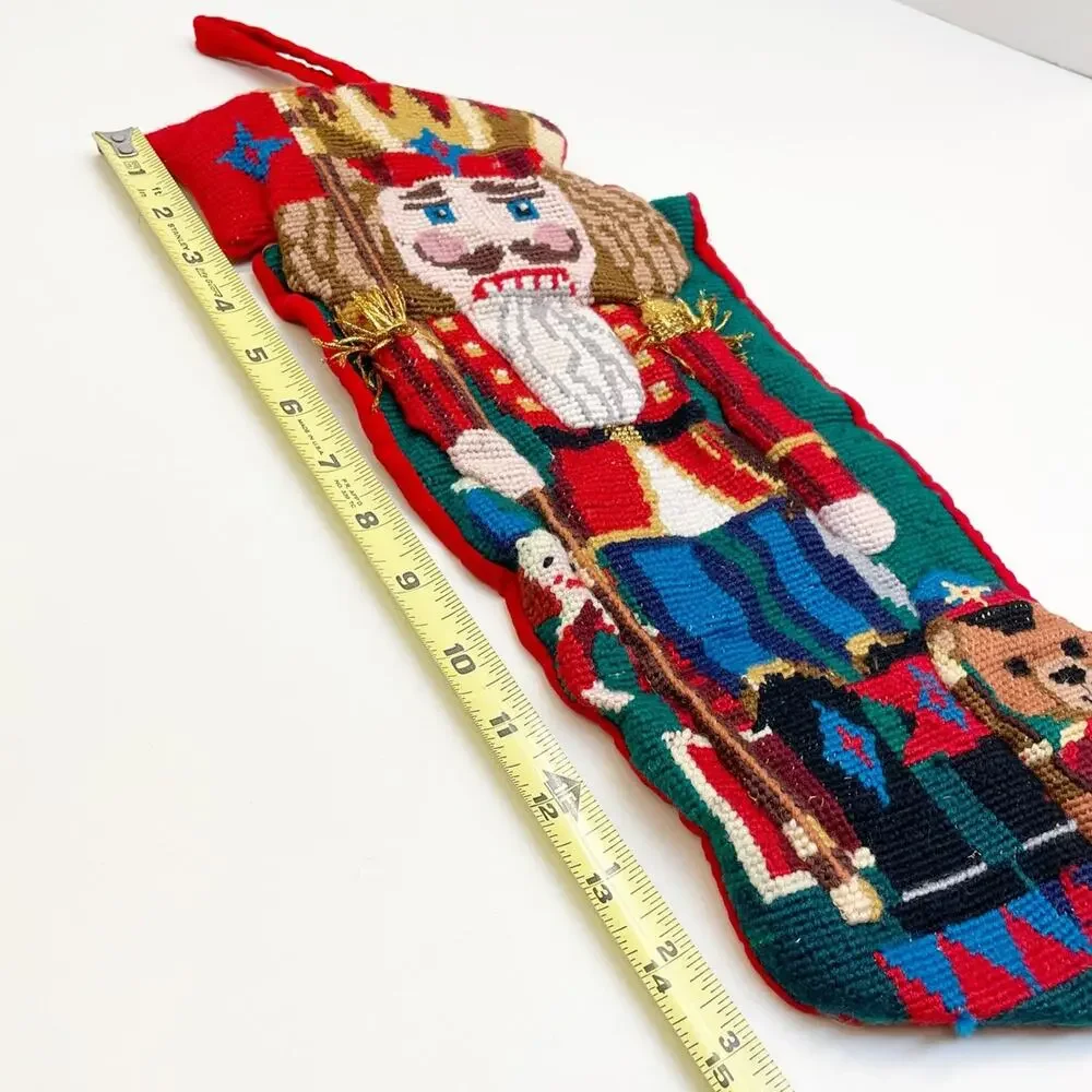 Vintage Needlepoint Wool Christmas Stocking Nutcracker Teddy Bear 3D